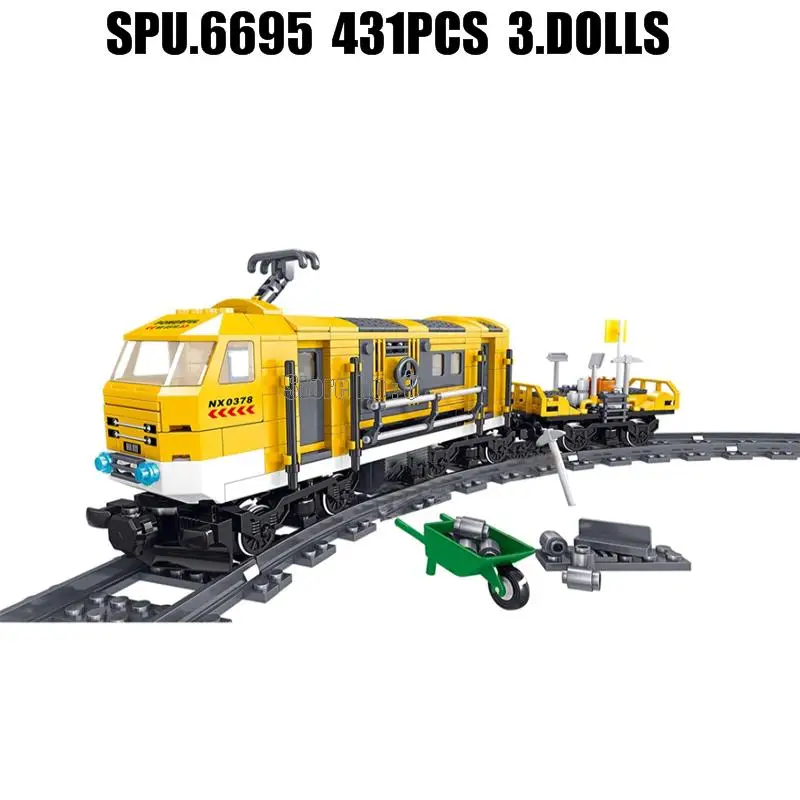 Ql0308ตุ๊กตาบล็อกตัวต่อของเล่นรางรถไฟสีเหลือง431ชิ้น