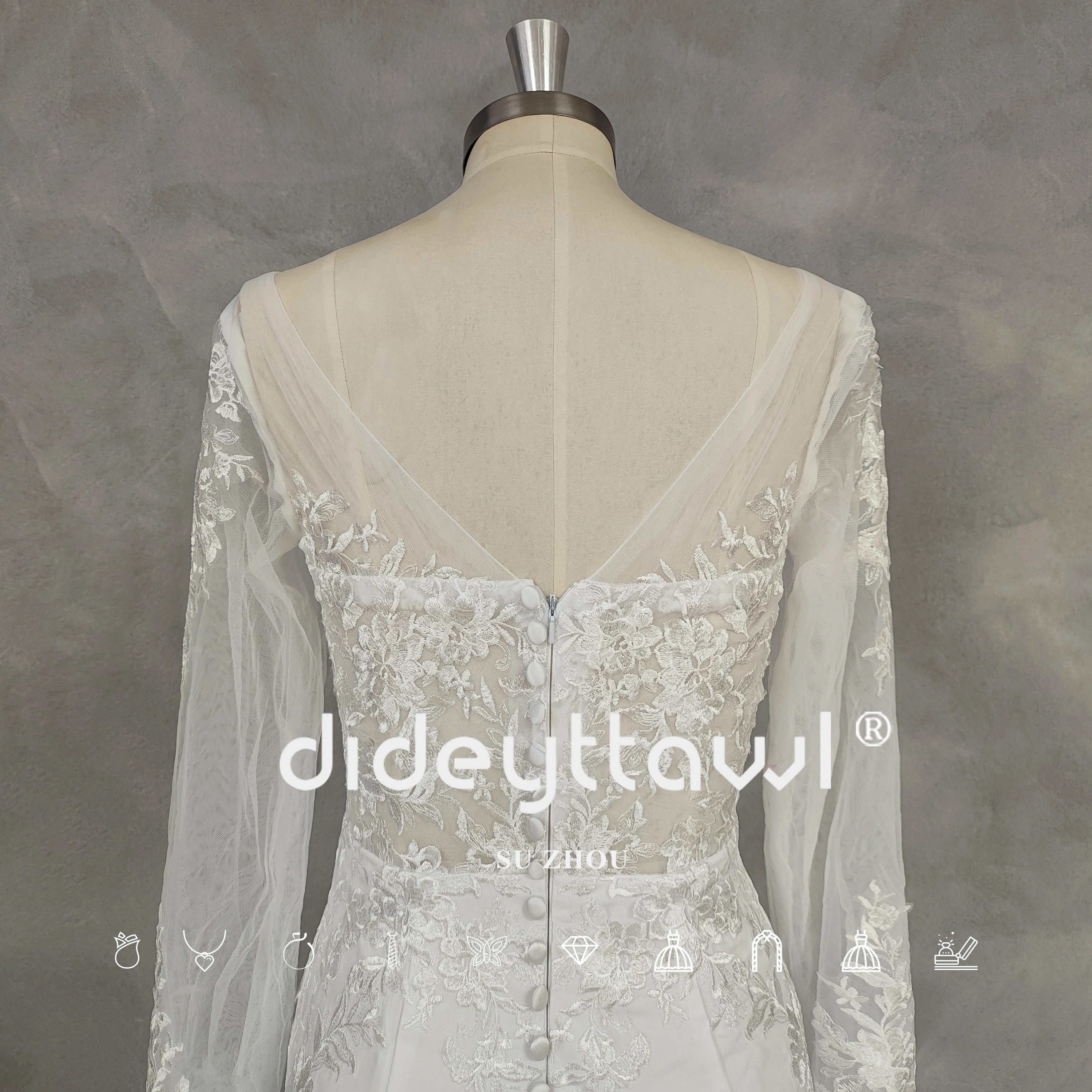 DIDEYTTAWL-vestido de noiva sereia para mulheres, decote em v, mangas compridas, ilusão elegante, corte traseira, vestido nupcial do trem, imagem real