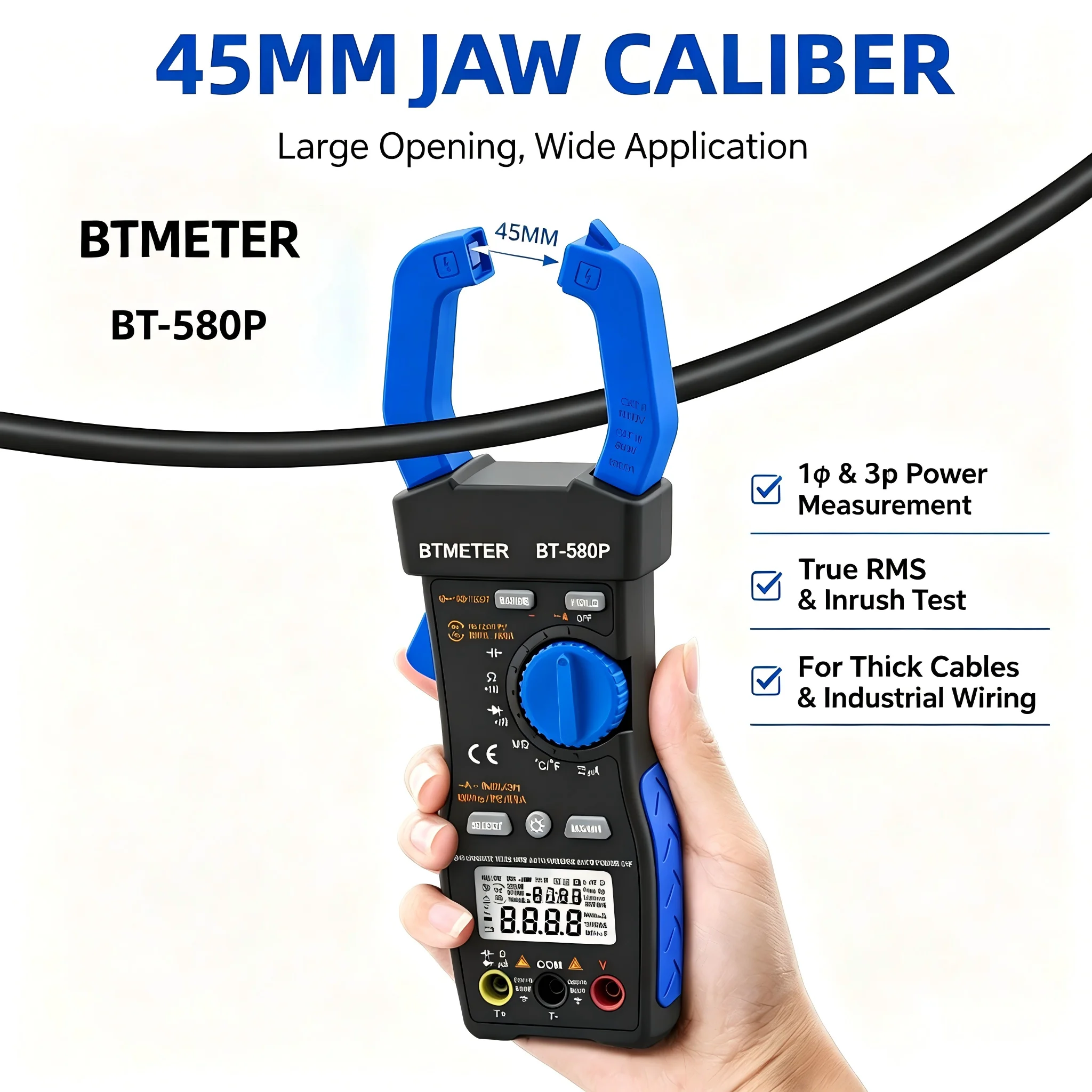 Three-Phase  Power Tester Meter Clamp Meter 9999 Display In-Rush Current,True RMS,ACV,ACA,KW,KVA,for HVAC