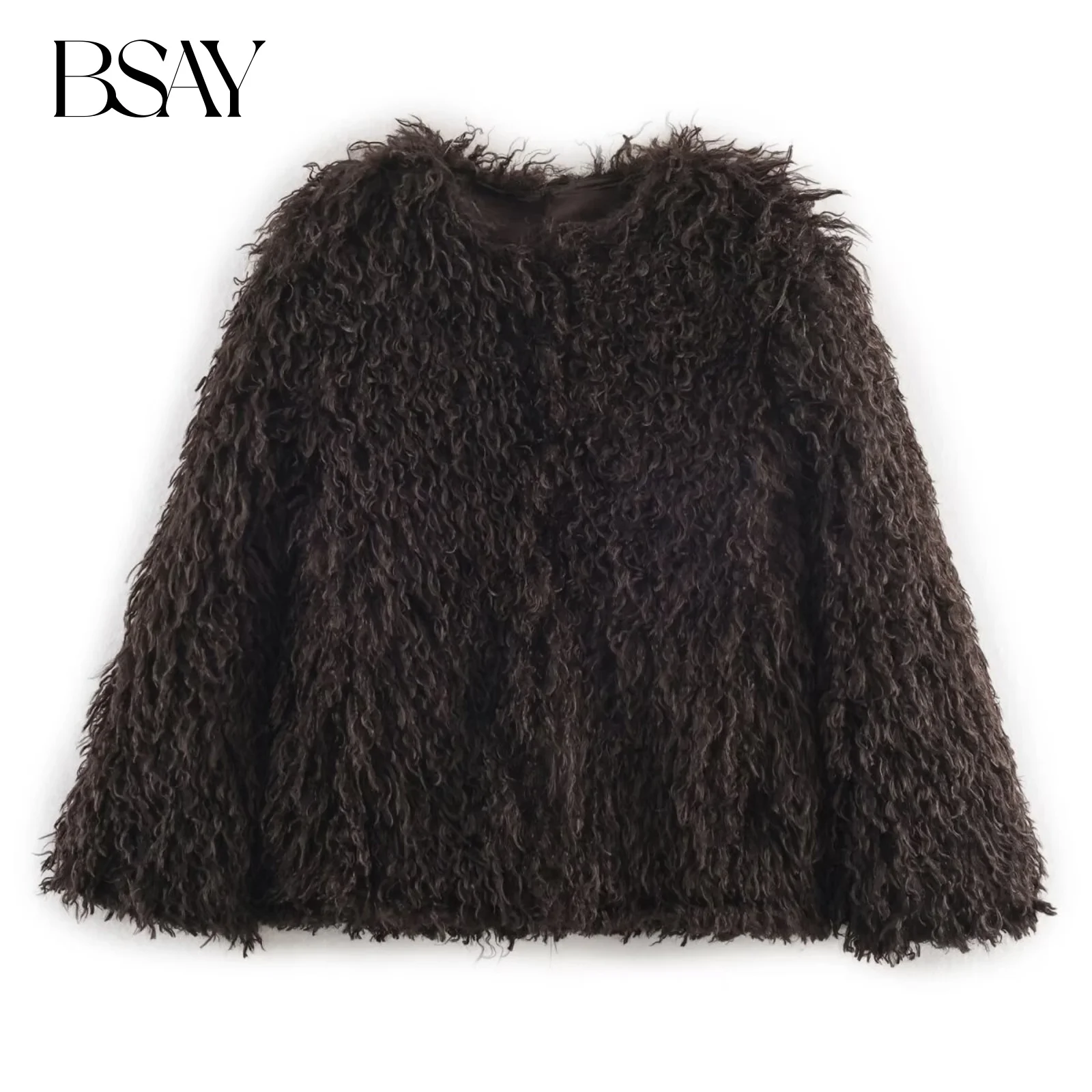 

BSAY Artificial Fur Effect Jacket for Women Fashion Autumn Winter New Solid Color Long Sleeve Round Neck Short Jackets Coat