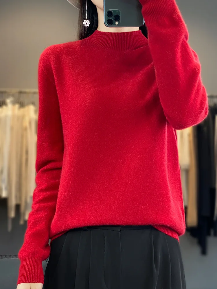 Fashion 100% Merino Wool Sweater Solid Color Mock Neck  Cashmere Pullover Basic Autumn Winter Soft Long Sleeve Clothing Tops