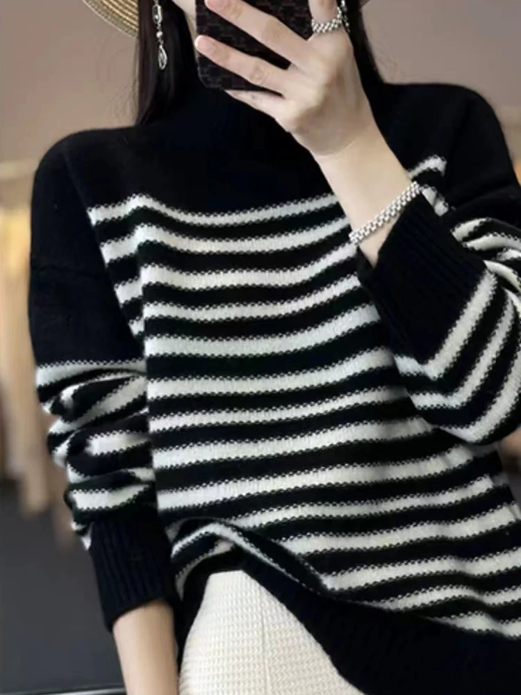 ADDONEE Women Striped Sweater Mock Neck Pullover Autumn Winter Casual Loose Cashmere Knit 100% Merino Wool Knitwear Korean Tops