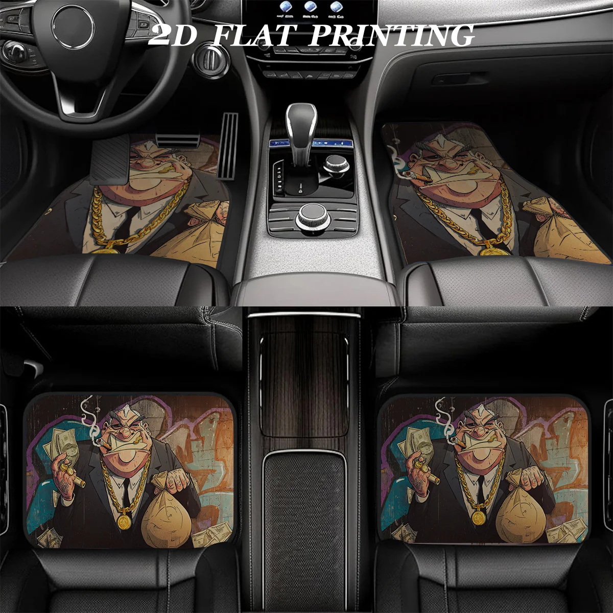 4pcs Car Floor Mats, Gangster Dog With Money Print In Comic Style - Absorbent, Non-Slip, Washable, All-Season Use - Stylish Car