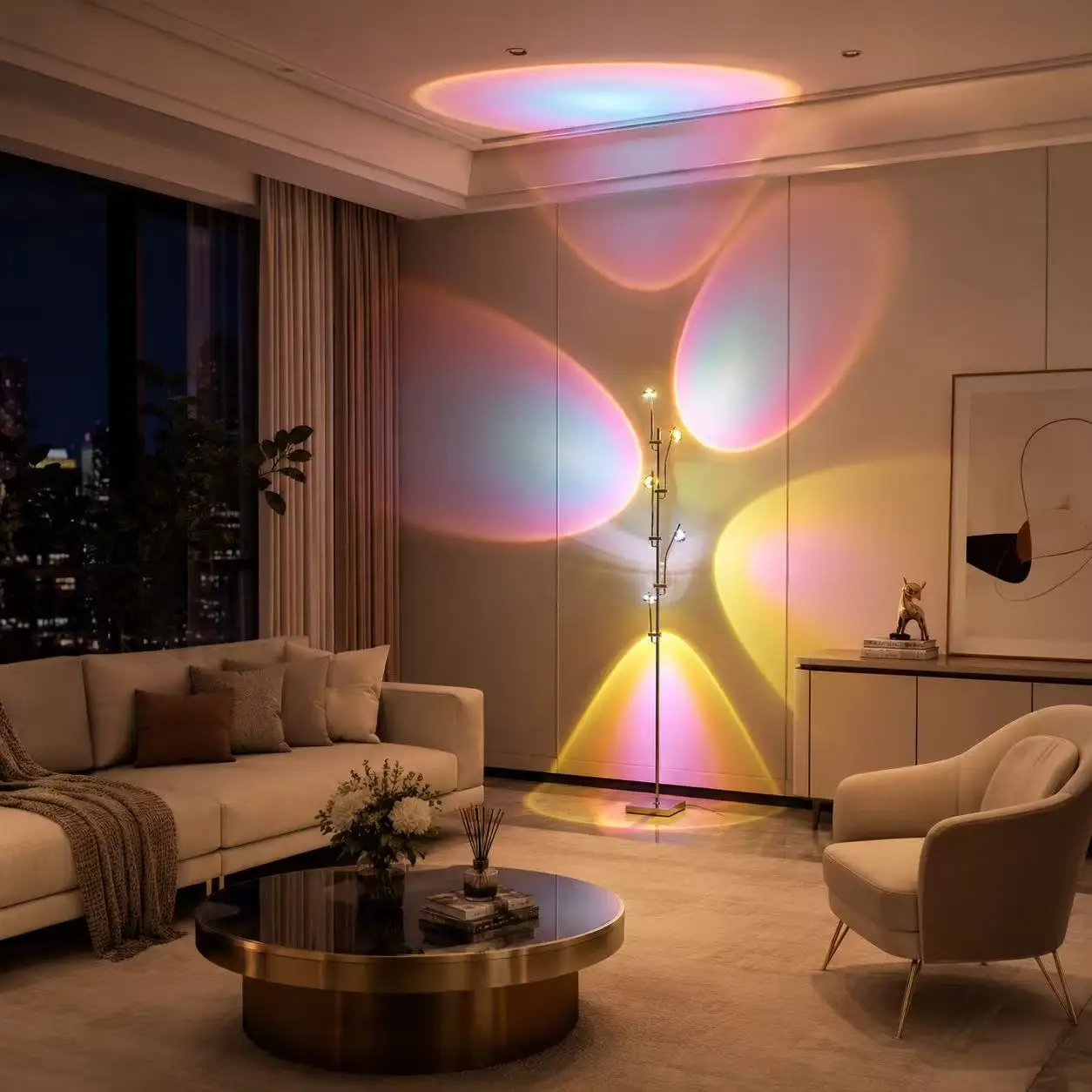 Tree‑Shaped LED Projector Floor Lamp, 5‑Light Modern Standing Lamp, Sunset Projection Ambient Light, Adjustable Arms Decorative Floor Light for Living Room Bedroom Home Wall Decor