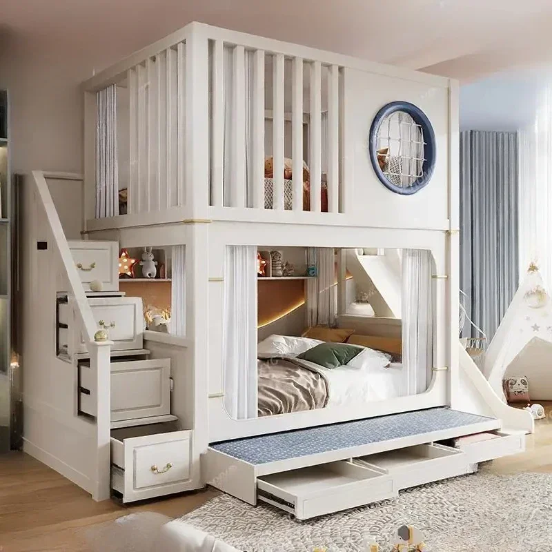 Premium - Quality Modern High And Low Kids Bed With Ladder Cabinet Safety Fence Bunk Bed Multifunctional Solid Wood
