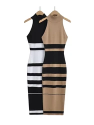 Sweater Dress For Women Sleeveless O-neck Patchwork Color Knitted Stretchable Slim Midi Dresses