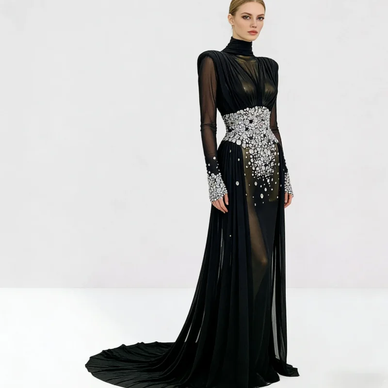 

2026 Black Exquisite Crystal Waist Netting Cape Long Dress Elegant Woman Birthday Party Dress Wedding Party Vestido