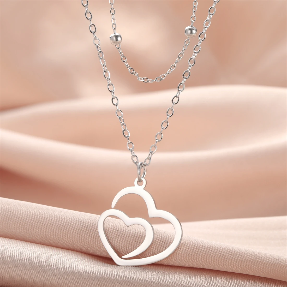 Eueavan Hohl Doppel Herz Halskette Für Frauen Edelstahl Romantische Liebe Symbol Anhänger Kette Engagement Schmuck Geschenk – Detail 16