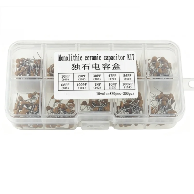 Monolithic Ceramic Capacitor Kit 300Pcs 10 Values x 30Pcs 10pF-100nF Radial Lead for DIY