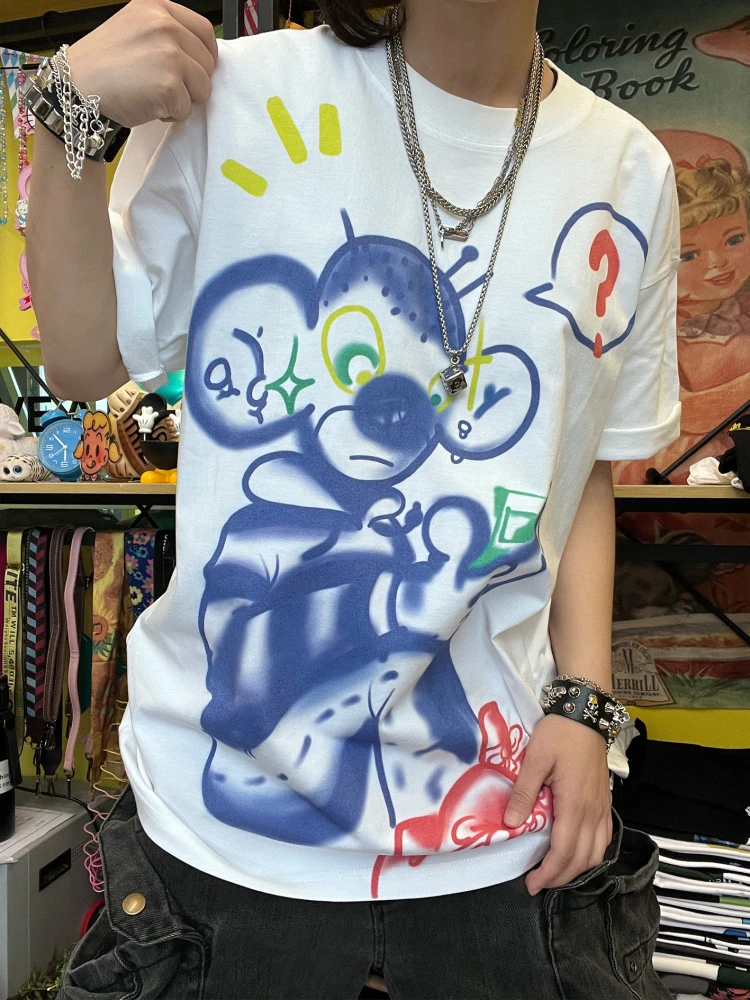 Artistic Couple Short Sleeve T-shirts Heavyweight 260g Question Mark Cartoon Graffiti Cute Style Cotton Blend Elastic Fiber