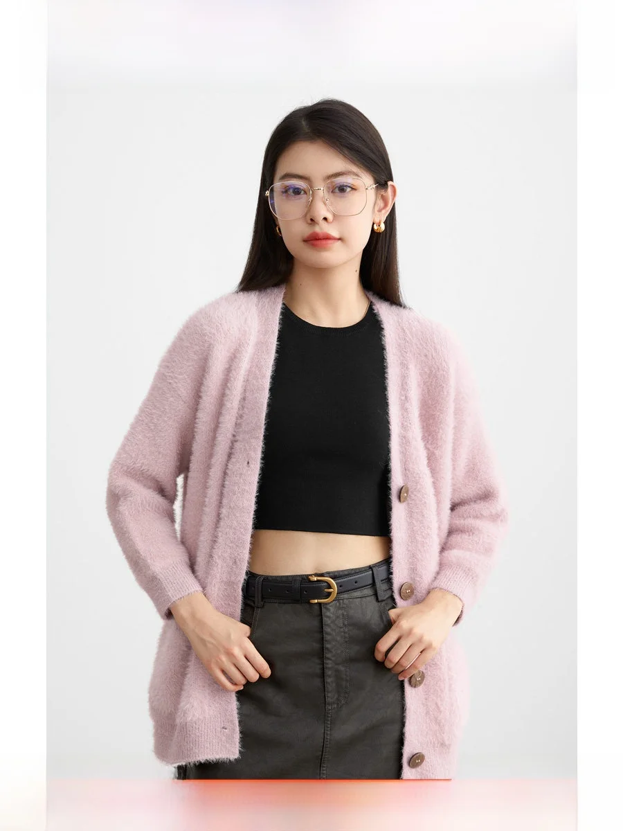 

ROCO Spring New Thiened Long Velvet Fake V-ne Loose Sweater Hong Kong Sle Knitted Open Cardigan Coat Women's Faion