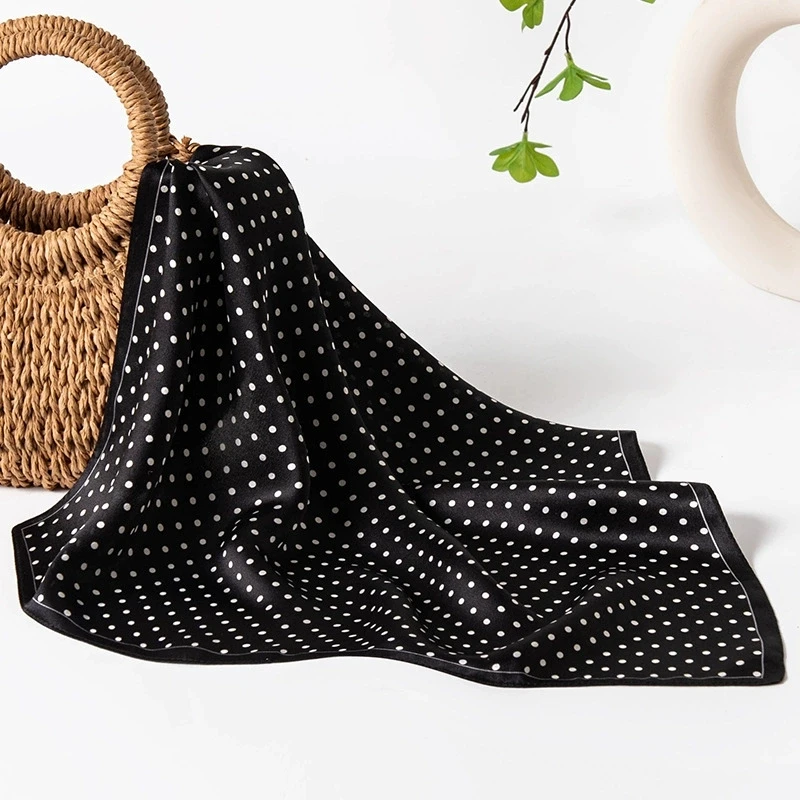 

53CM Square Pure Silk Square Scarf Black Polka Dots 100% Mulberry Silk Decorative Hairband Necktie Small Neckerchief for Women