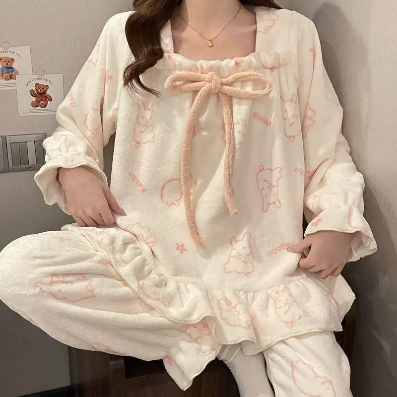 

Women's Pajamas Sleepwear Cotton Pajama Set Internet Celebrity Style Home Suit Homewear Cute Rabbit Cartoon Thickened Flannel