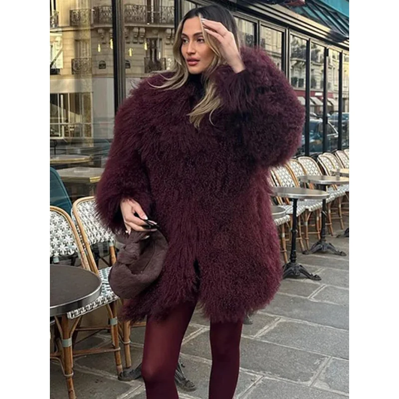 2024 Winter New Burgundy Fluffy Fur Coat Women Oversize Long Sleeve Faux Fur Plush Jackets Female Commute Street Outwear