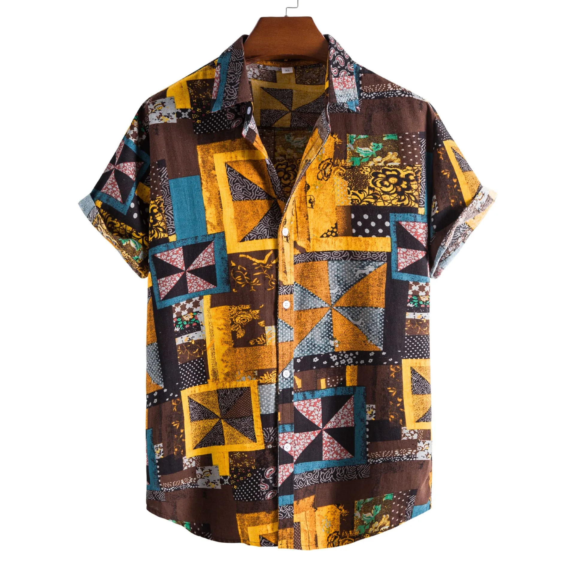 

Womail New Arrival Vintage Cotton Men Shirt Short Sleeve Ethnic Style Flower Print Tops Loose Hawaiian Shirts Streetwear