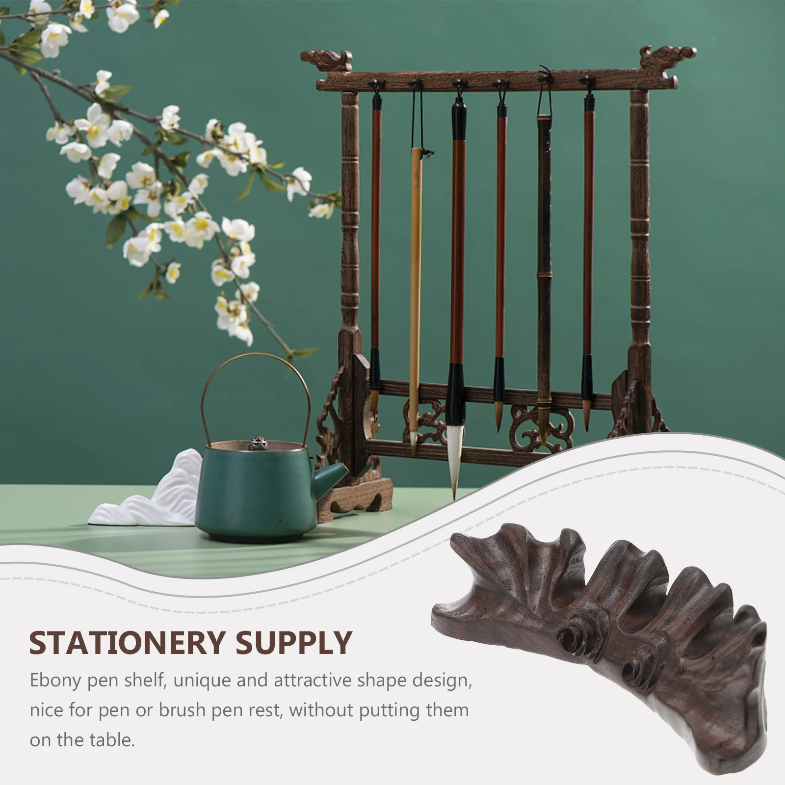 

1Pcs Glossy Ebony Pen Shelf Sturdy Root Wood Pen Holder for Calligraphy Brush Rack Desktop Organizer Stationery Accessory Decor