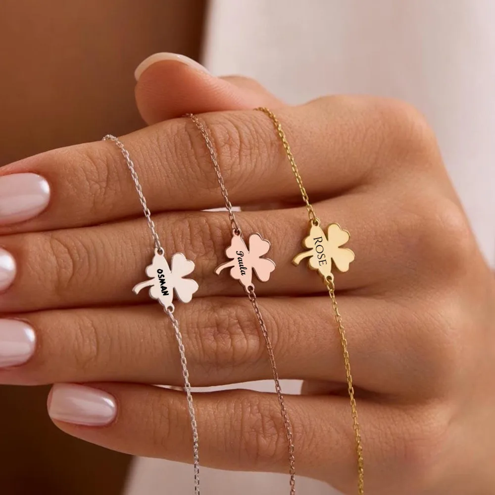 Custom Personalized Lucky Clover Bracelet Stainless Steel Heart Leaf Name Bracelets Bangle For Women Christmas Gift