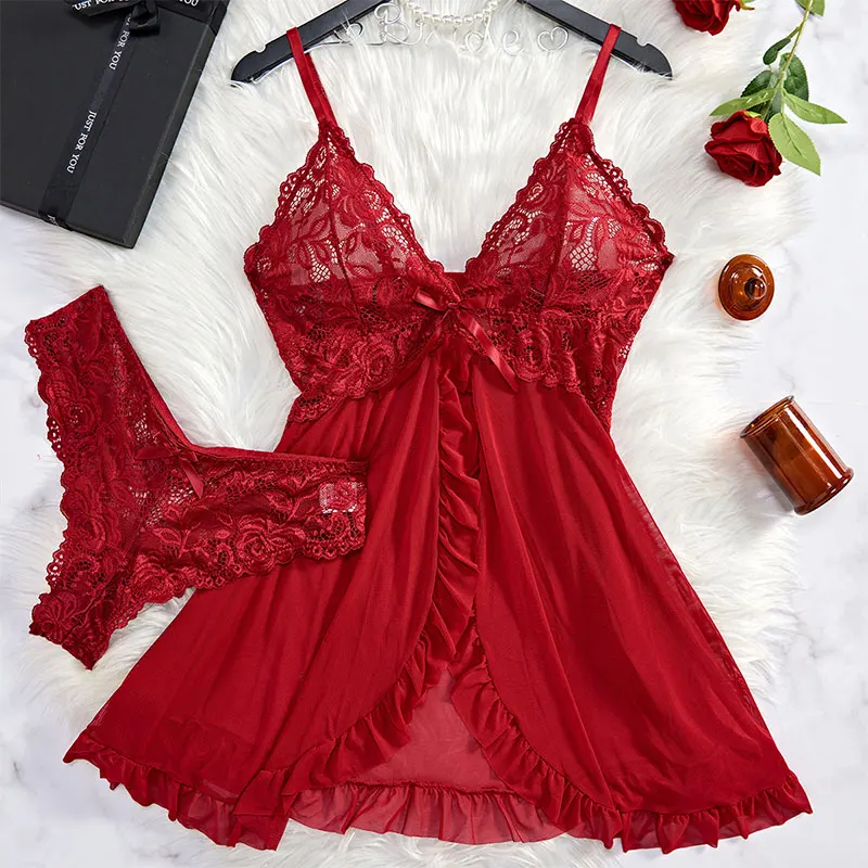 New Sexy Crotchless Red Sexy Lingerie Women Lace HollowBodysuit Erotic Pajamas Porno Babydoll Dress Deep V Open Bra G-string Set