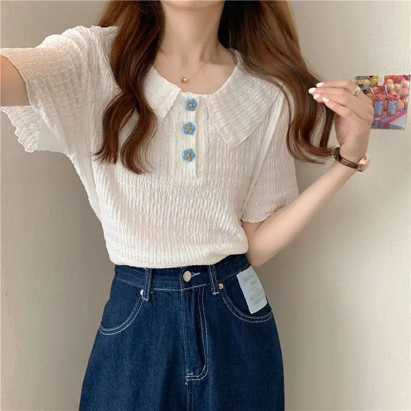 Women Summer Fashion Slim Sweet Buttons Solid Color Doll Collar Short Sleeve T-Shirt Women Clothes Casual All-match Trend Tops