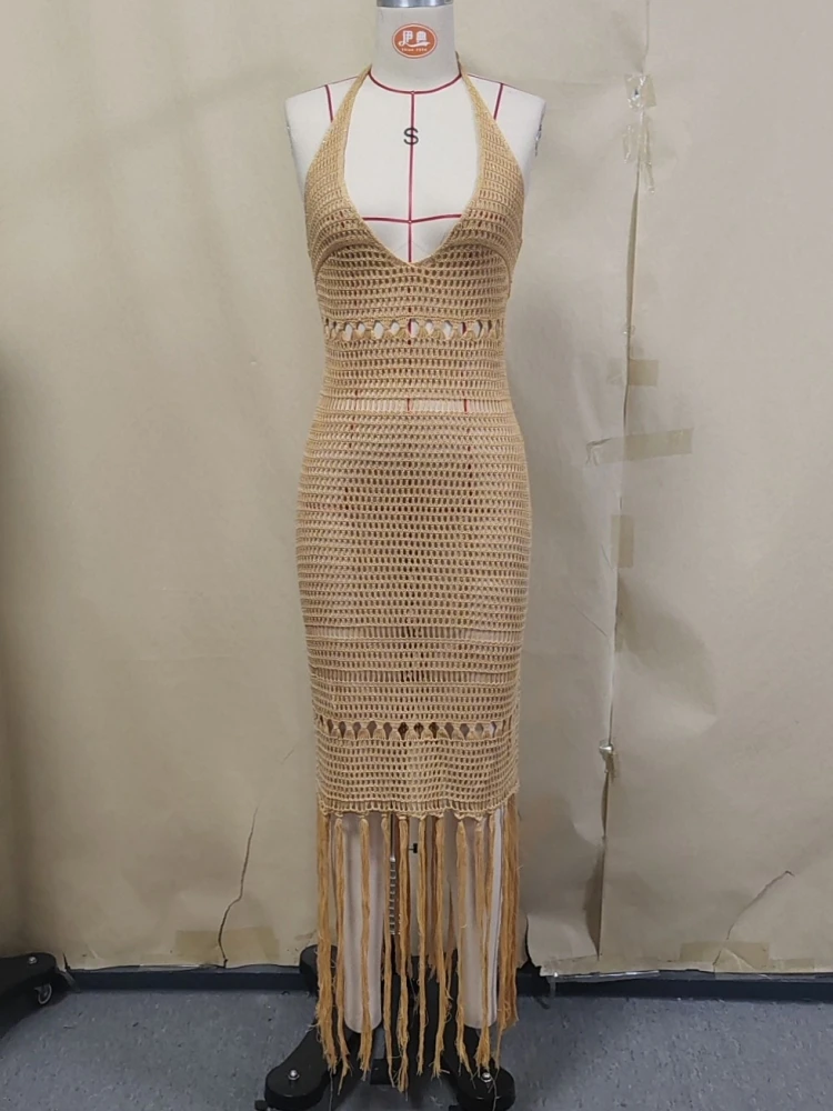 Sexy Women Knit Beach Dress Hollow-Out V-Neck Sleeveless Bikini Cover-Ups Dress Holiday Dress 2026 Summer Swimwear Beach