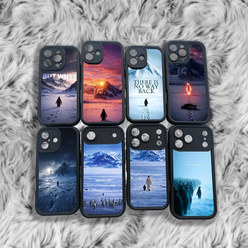 

Snow Mountain Scenery Penguins Case For iPhone 17,16,15,14,13,12,11,Pro,Max,Plus,X,XS,SE4,E,Mini Black Thickened border Case