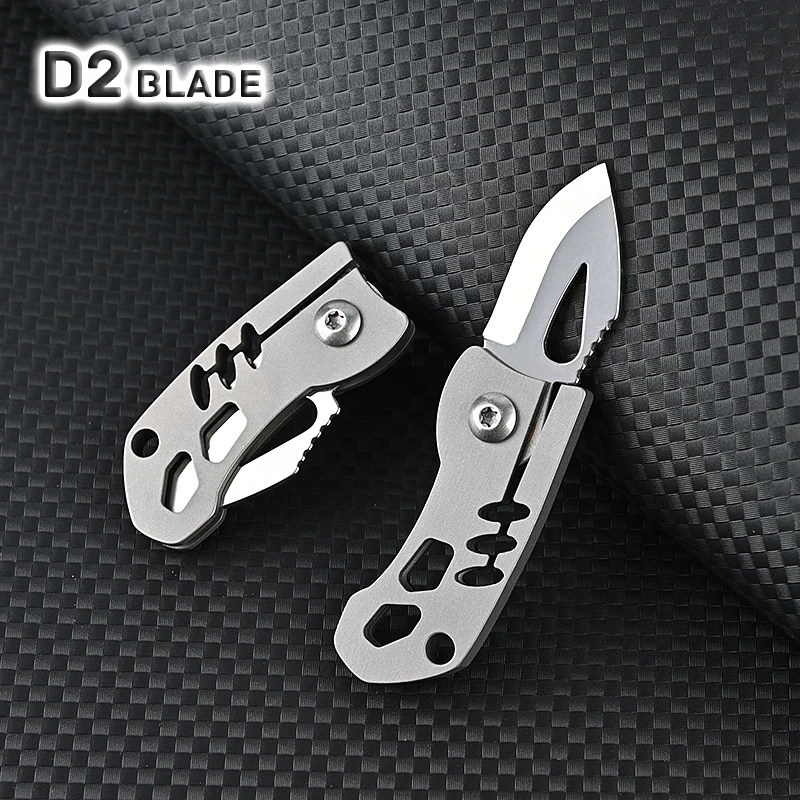 High Hardness D2 Blade Titanium Alloy Folding Knife MINI Key Pendant EDC Express Sharp Fruit Pocket Knives Outdoor Tool Gift