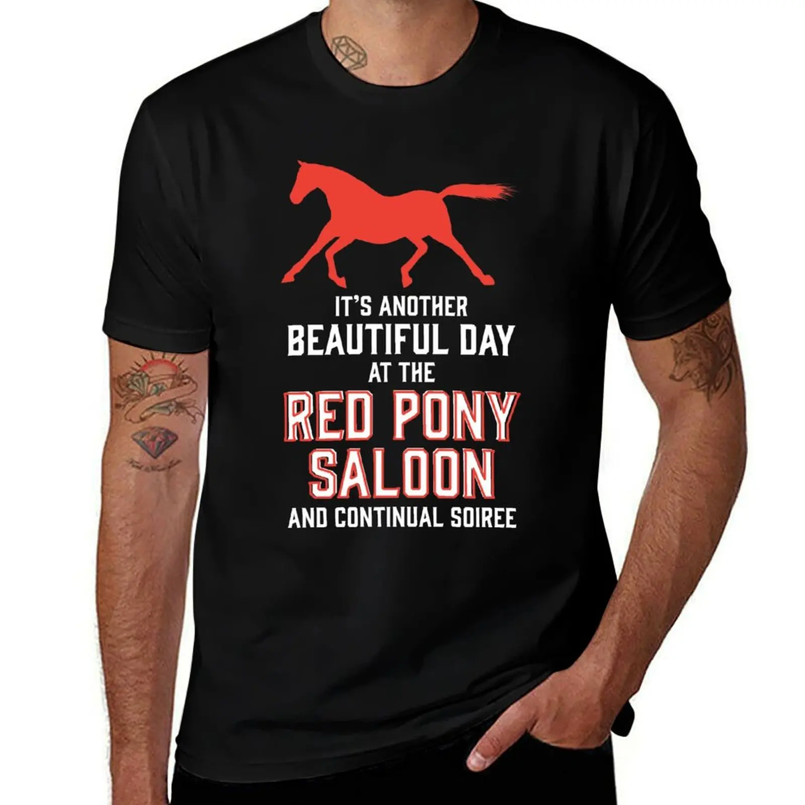 it's another beautiful day at the red pony bar and continual soiree T-Shirt Basic Solid Color Short Sleeve Cotton Top