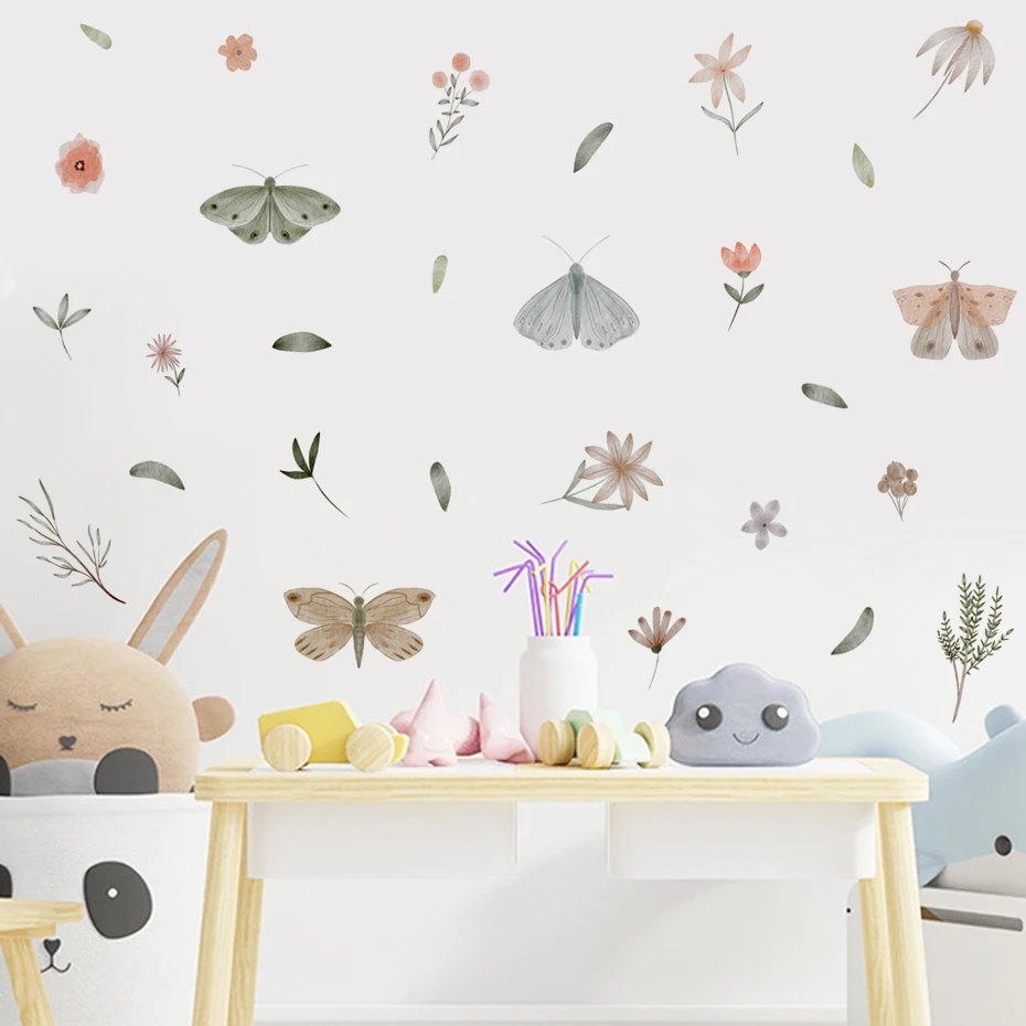 Hand Drawn Butterfly Wall Decal Pastel Watercolor Butterfly flowers Wall Sticker Lovely Decoration for Girl Nursery Home Decor