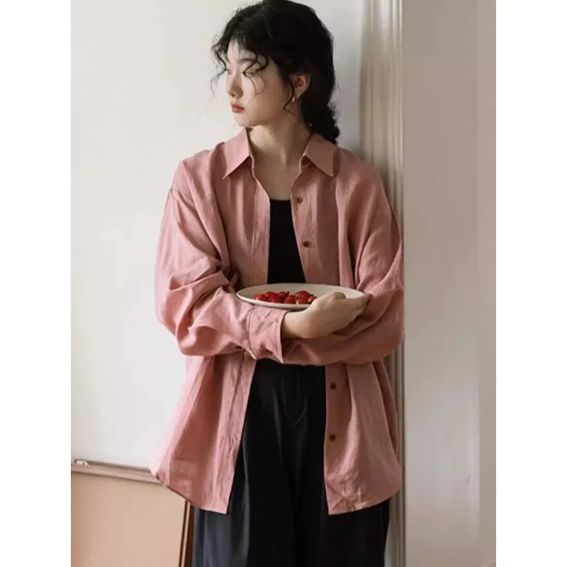 

2025 New Early Autumn Korean Style Rose Pink Long-sleeved Shirt for Women Loose Lazy Style Retro French Top
