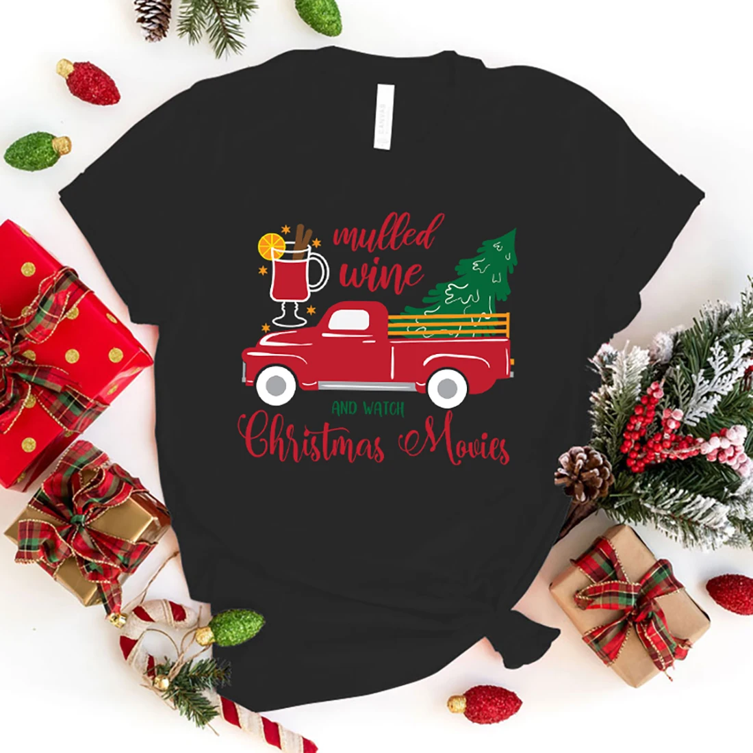 Hot Christmas Mulled Wine And Watch Christmas Movies Graphic Short Sleeve T-Shirts For Women Men Shirts Loose T-Shirt Casual Top