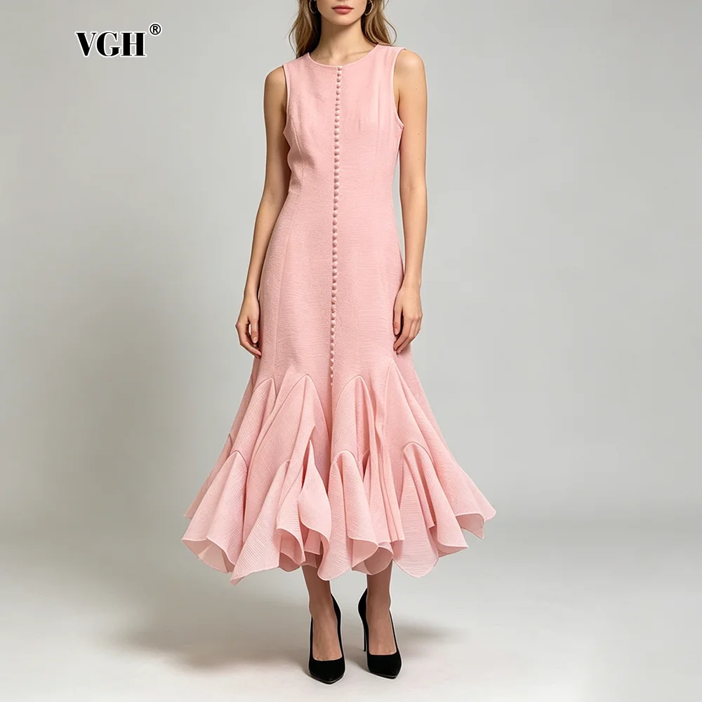 

VGH Fashion Party Pink Color Ruffles Hem Midi Dress for Women O Neck Sleeveless Spliced Single Breasted Skirt for Formal Dinner
