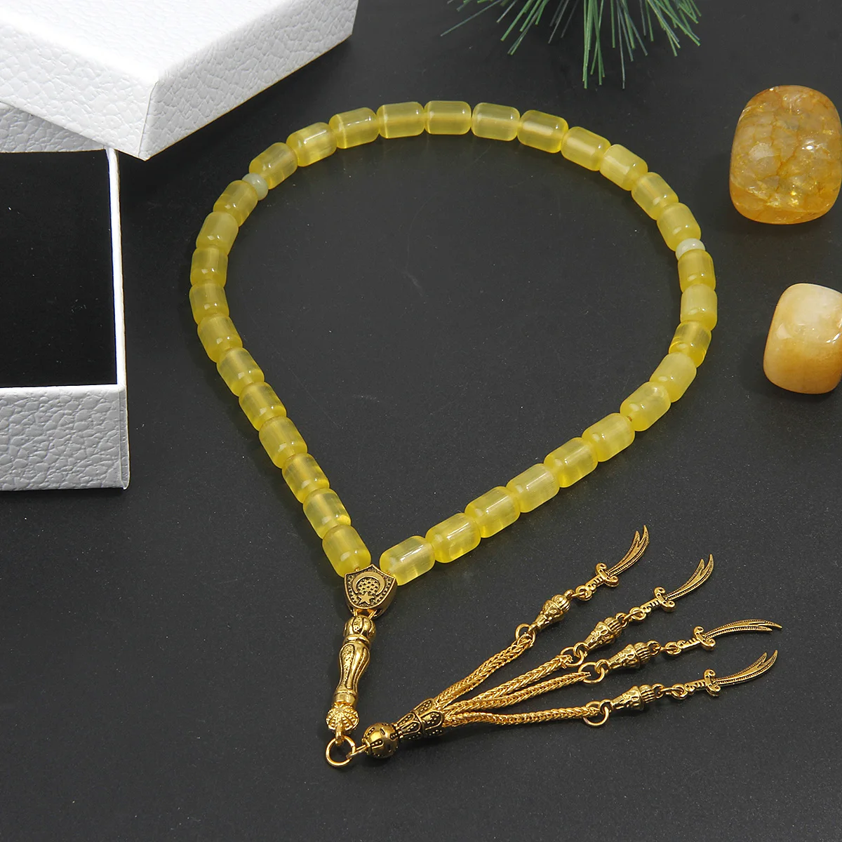 Natural Yellow Barrel Agate Tasbih Prayer Beads Gold Sword Tassel Muslim Rosary Bracelet Religious Worship Jewelry Gift