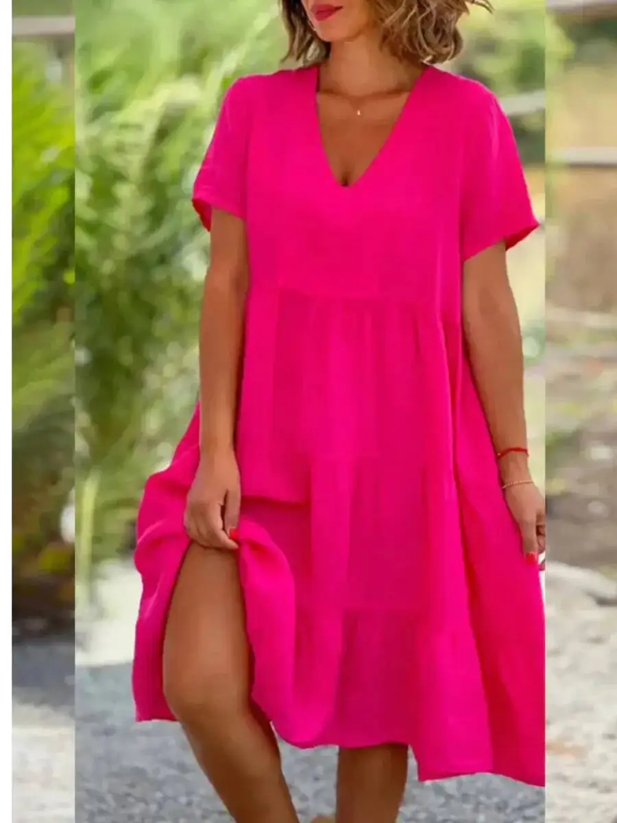 Robes décontractées en coton et lin pour femmes, collection Printemps/Été 2026, manches courtes, col en V uni, coupe ample et évasée, tailles S-3XL, ONO7