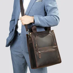 Genuine Leather Men's Shoulder Bag Vintage Crazy Horse Skin Zipper Pocket Flap Messenger Bag Man Daily Big Handbag Work Tote