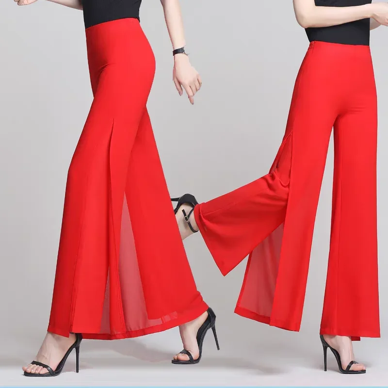 Pantalones de pierna ancha de gasa de doble capa, pantalones finos con abertura lateral para mujer, pantalones informales de cintura alta para primavera y verano 2024