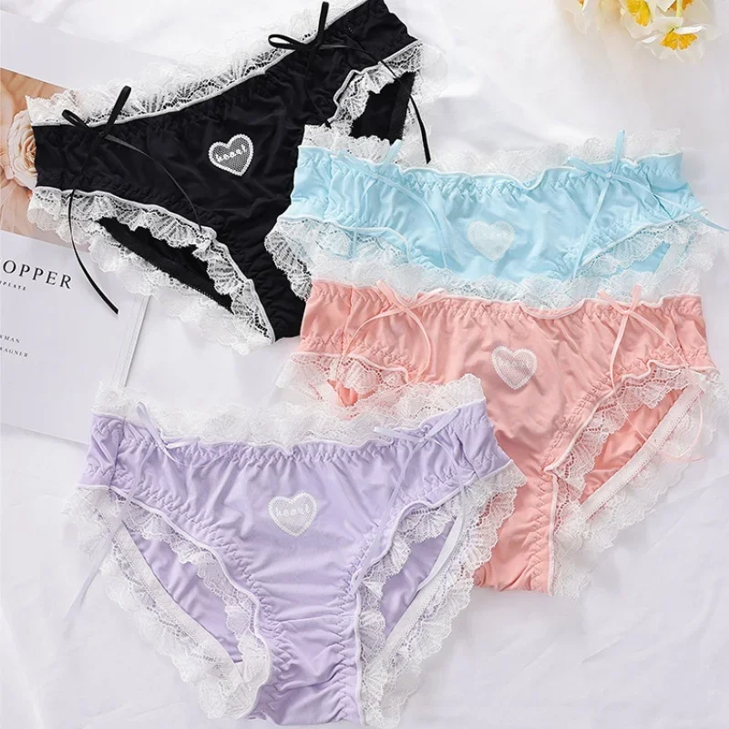 Kawaii Love Heart Panties Cute Lolita Princess Lace Briefs Women Lingerie Girls Pink  Ruffles Underwear Sexy Thongs Panty