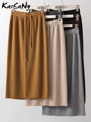 Black Knitted Long Skirts For Women Spring Winter Vintage Warm Maxi A Line Slim Elegant Coffee Slit Skirt Women Long