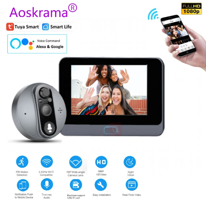 Aoskrama-videoportero inalámbrico Tuya 1080P, cámara de mirilla Digital de seguridad, visión nocturna, detección de movimiento PIR, Visor de puerta