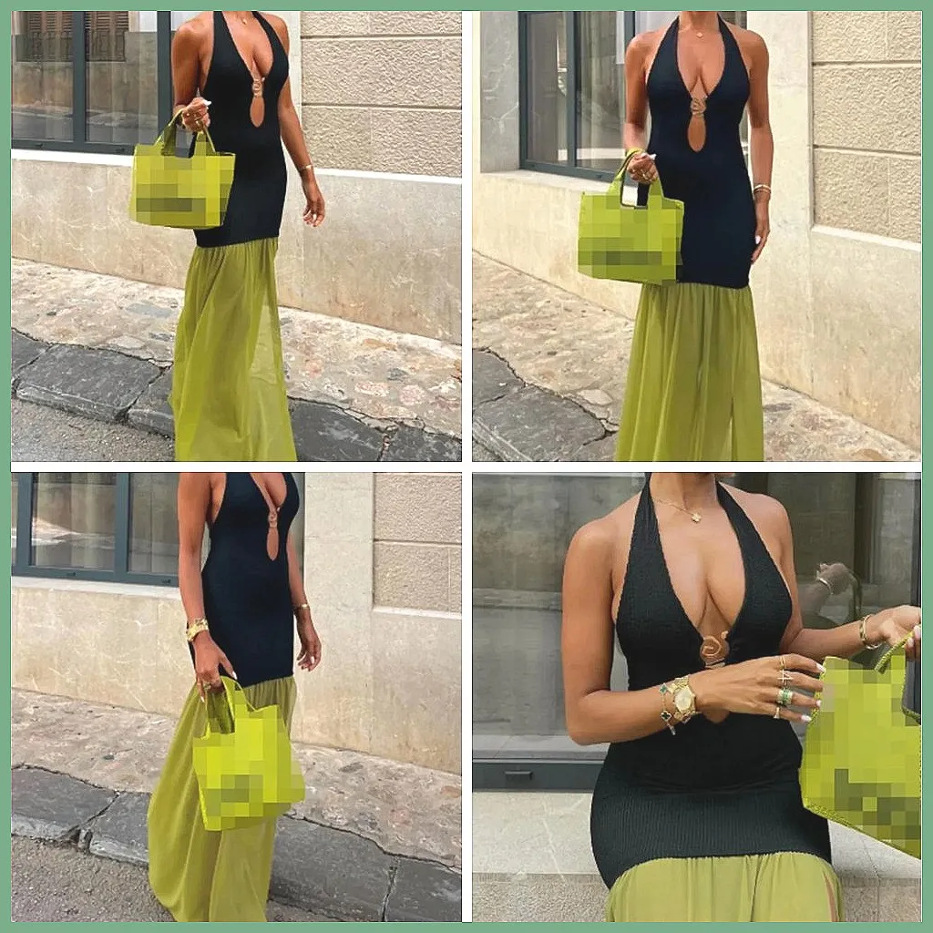 Halter Backless Maxi Dress for Women, Patchwork Hollow Low Neck Sleeveless Beach Dress