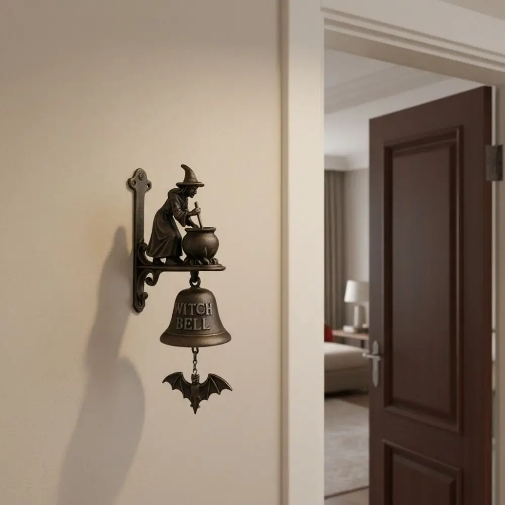 Unique Vintage Halloween Witch Doorbell Alloy Sounding Witch Wind Chimes Wall-mounted Copper-colored Halloween Door Hanger Bar