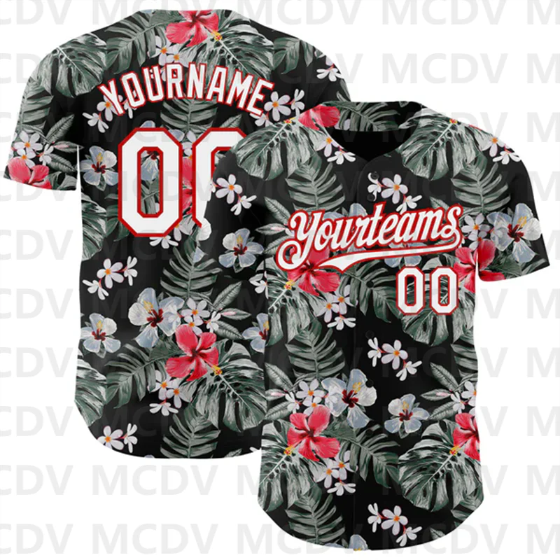 Benutzer definierte schwarz gelb 3d Muster Design tropische Hawaii Palmen Bäume authentischen Baseball-Trikot