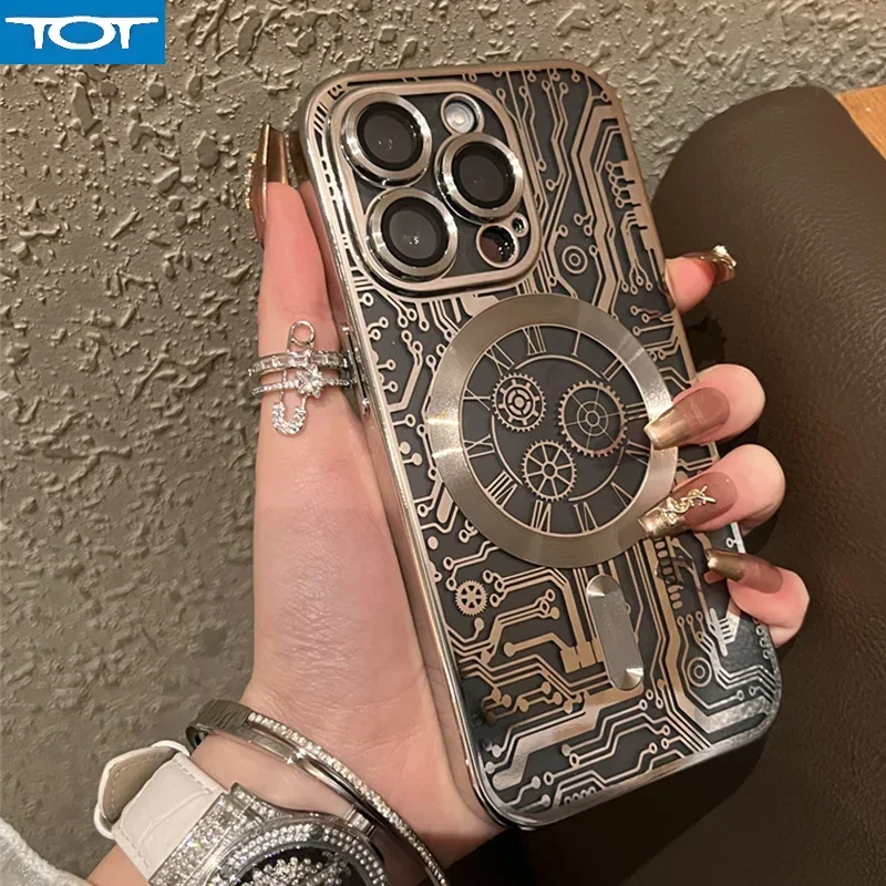 

Магнитный чехол с рисунком схемы покрытия для iPhone 16 Pro Max 15 14 Plus 13 12 11, прозрачный чехол для беспроводной зарядки Magsafe
