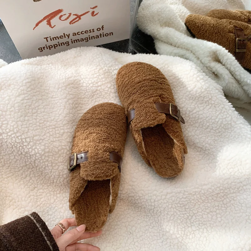 

Warm slippers, vintage lamb wool women's thick-soled closed-toe furry slippers