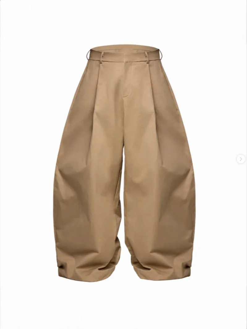 Khaki Pleated Wide Leg Balloon Pants Unisex Vintage Baggy Trousers Casual Streetwear Relaxed Fit Pants