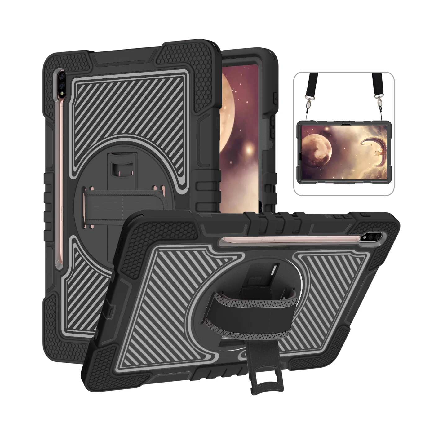

Case For Universal Galaxy Tab S8 S7 Plus FE 12.4" SM-X800 X806 T970 T976 T730 T736 360 Rotating Stand Cover With Shoulder Strap