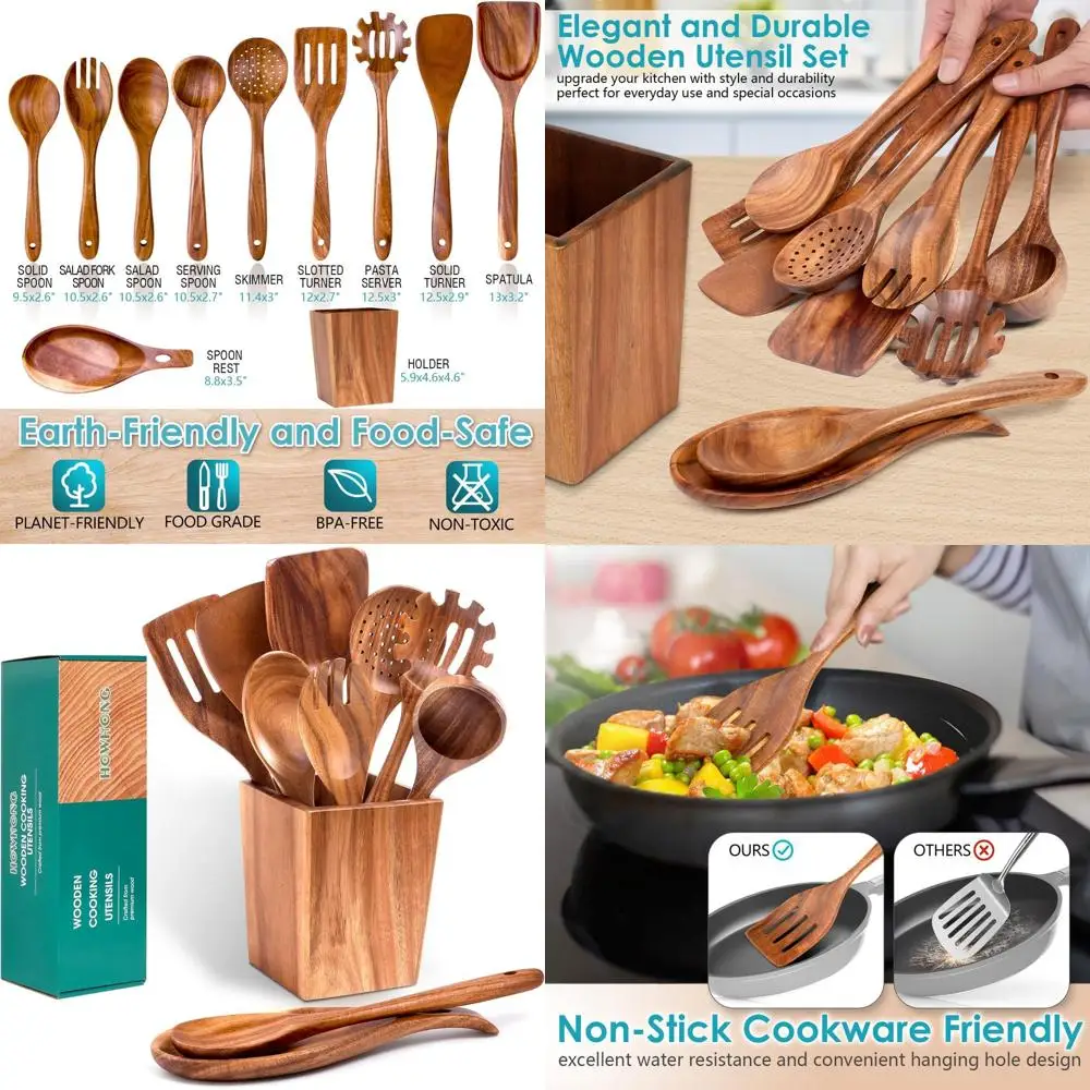 

Natural Acacia Wood 11-Piece Cooking Utensil Set with Holder - Nonstick Safe, Non-Toxic Wooden Kitchen Tools