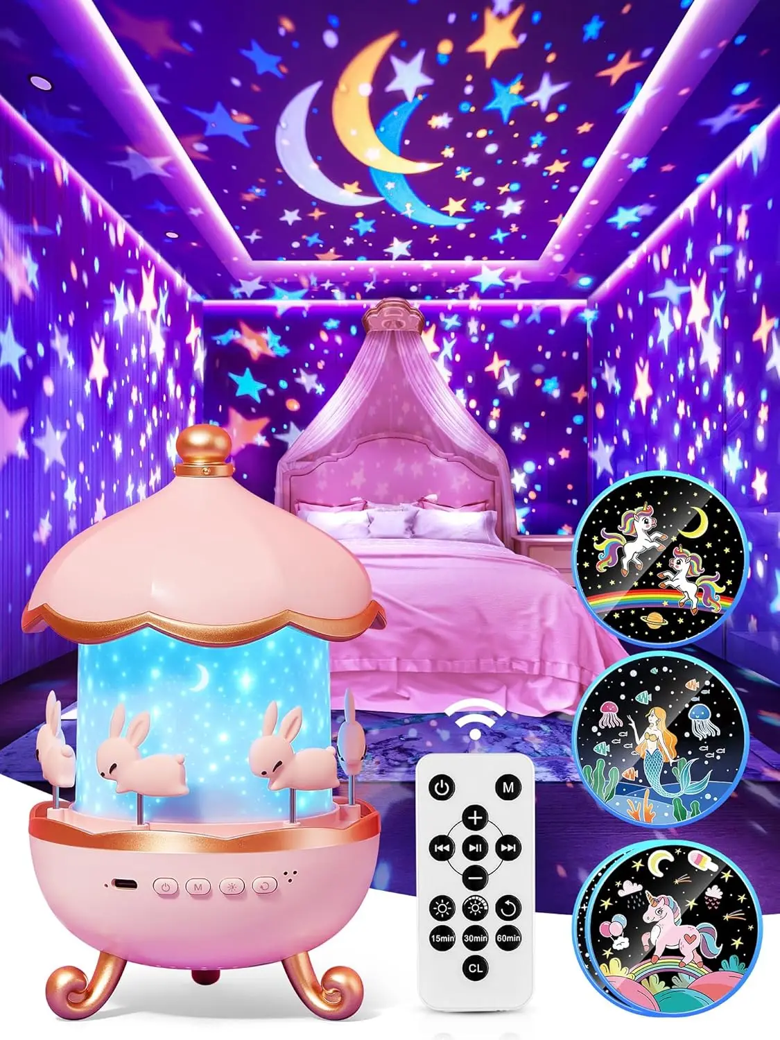 

Kids Star Projector Night Light with 315 Colors, 15 Films, Remote Control, Rechargeable Battery for Bedroom Decor