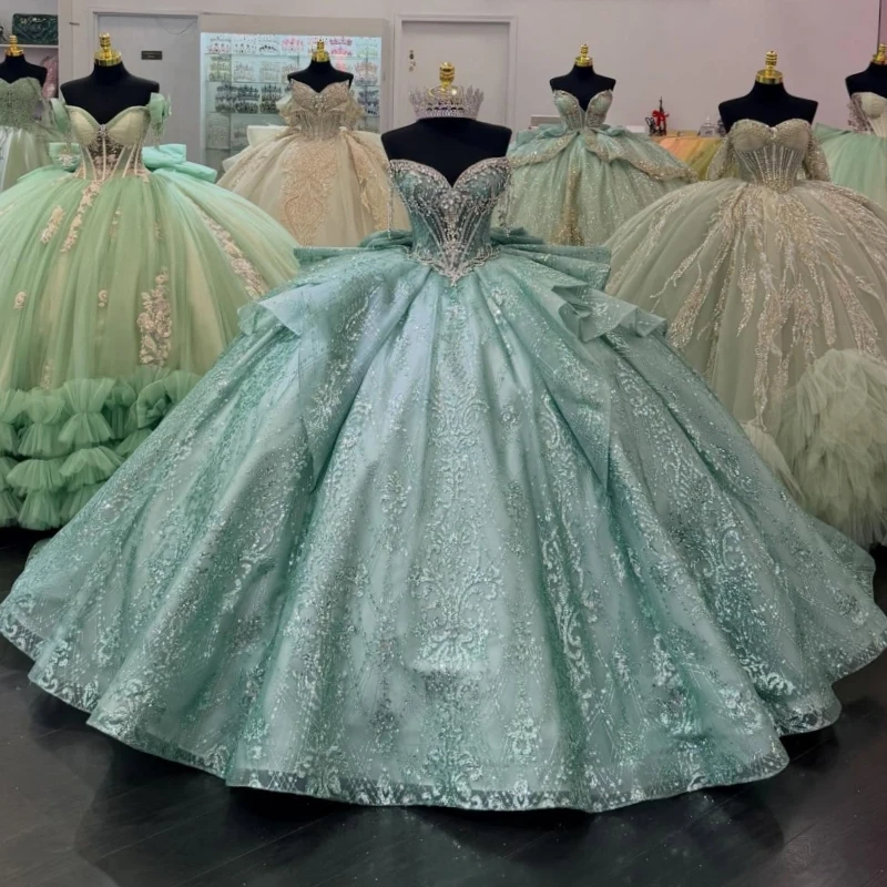 

Mint Green Shiny Quinceanera Dresses Off Shoulder Ball Gown Sweet 16 Dress Sequin Applique Lace Beading Crystal Bow Tull Birthda