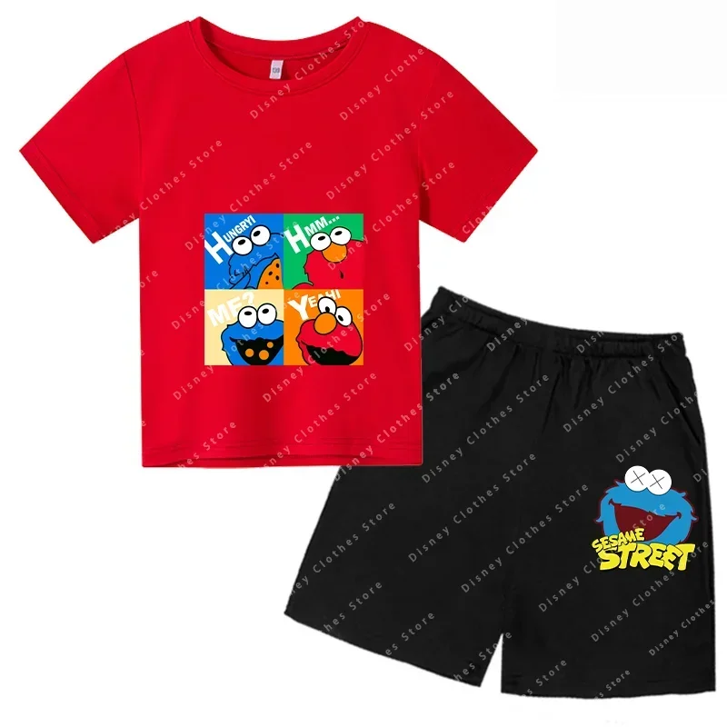 Girls and boys Short sleeve T-shirt Kids Chicago Street Cartoon Print T-shirt Cookie Monster and Elmo Fun baby clothes set