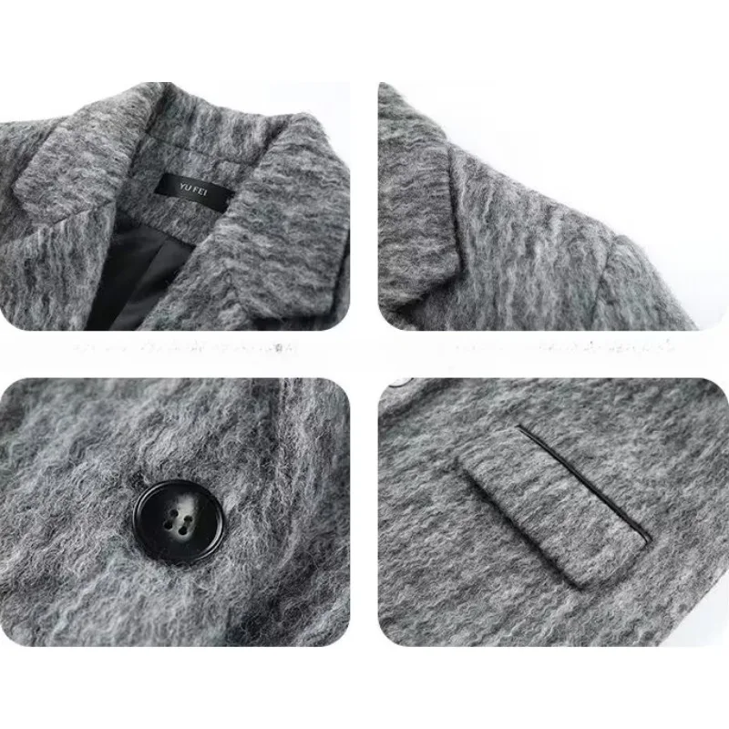 Woolen Suit Jacket Autumn Winter Women High-end Fashion Design Mid-length Gray Woolen Coat Korean Style Loose Leisure Outwear